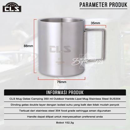 CLS Mug Gelas Camping 350 ml Outdoor Hanlde Lipat Mug Stainless Steel SUS304 Camping Outdoor