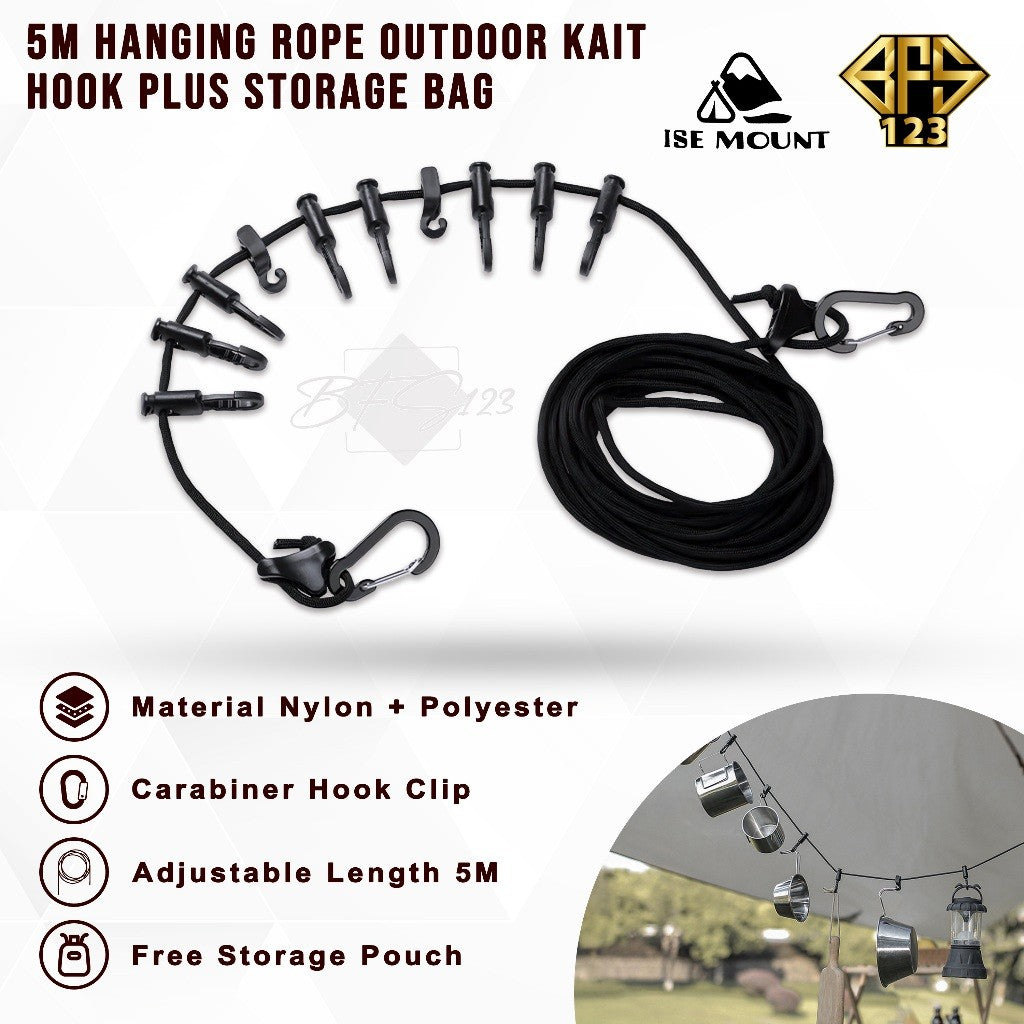 ISE MOUNT Carabiner Tali Gantungan Jemur Tenda Kait Hook Campervan 5 Meter Plus Storage BAG