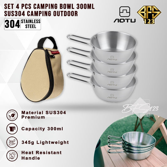 AOTU Paket Mangkok Camping Stainless 304 4 Pcs 300 ml Plus Storage BAG Camping Outdoor