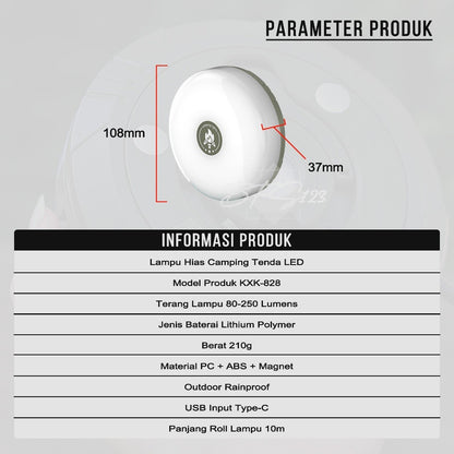 Lampu Camping LED String Light 2 in 1 10M Lampu Tenda Camping Waterproof USB Type C Lampu Hias Outdoor
