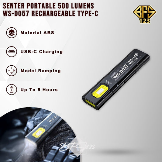Senter Portable 500 Lumens LED Wushang WS-D057 Rechargeable Type-C Magnetic Clip COB Worklight Outdoor