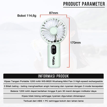 Kipas Tangan Portable 1200 mAh WS-8620 Wushang Mini Fan 3 High-speed USB Rechargeable Kipas Genggam Travel Outdoor