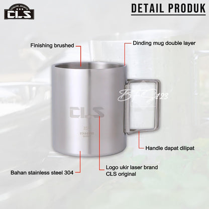 CLS Mug Gelas Camping 350 ml Outdoor Hanlde Lipat Mug Stainless Steel SUS304 Camping Outdoor