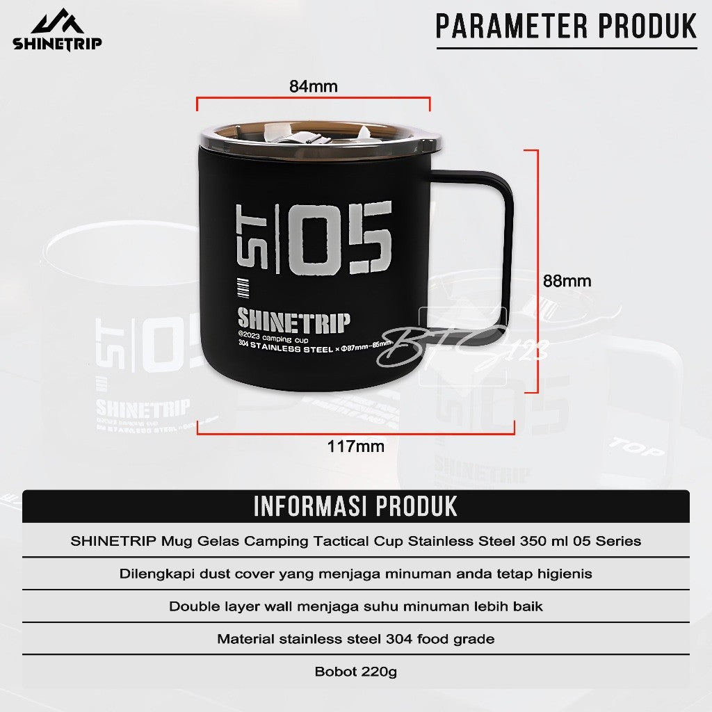 SHINETRIP Mug Gelas Camping Tactical Cup Stainless Steel 350 ml 05 Series Gelas Oudoor Plus Tutup