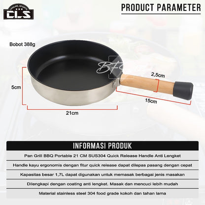 Pan Grill BBQ Portable 21 CM SUS304 Quick Release Handle Plus Storage Bag Anti Lengket