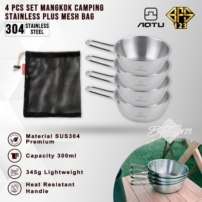 AOTU 4 Pcs Mangkok Set Camping Stainless 304 300 ml Plus Mesh Bag  Jaring Camping Outdoor