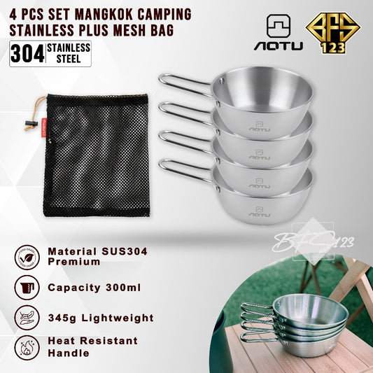 AOTU 4 Pcs Mangkok Set Camping Stainless 304 300 ml Plus Mesh Bag  Jaring Camping Outdoor