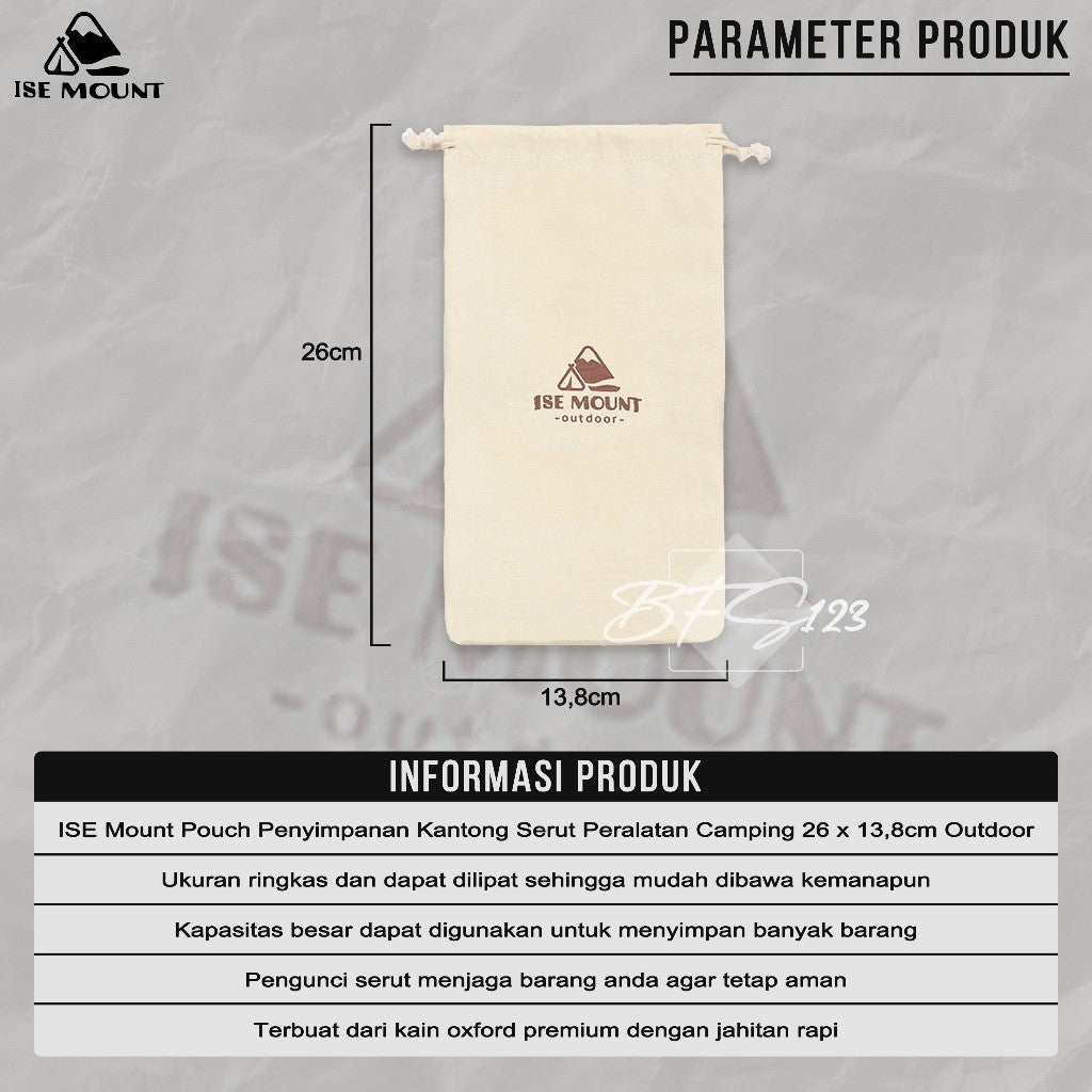 Ise Mount Pouch Penyimpanan Kantong Serut Peralatan Camping 26x13,8 Cm Outdoor
