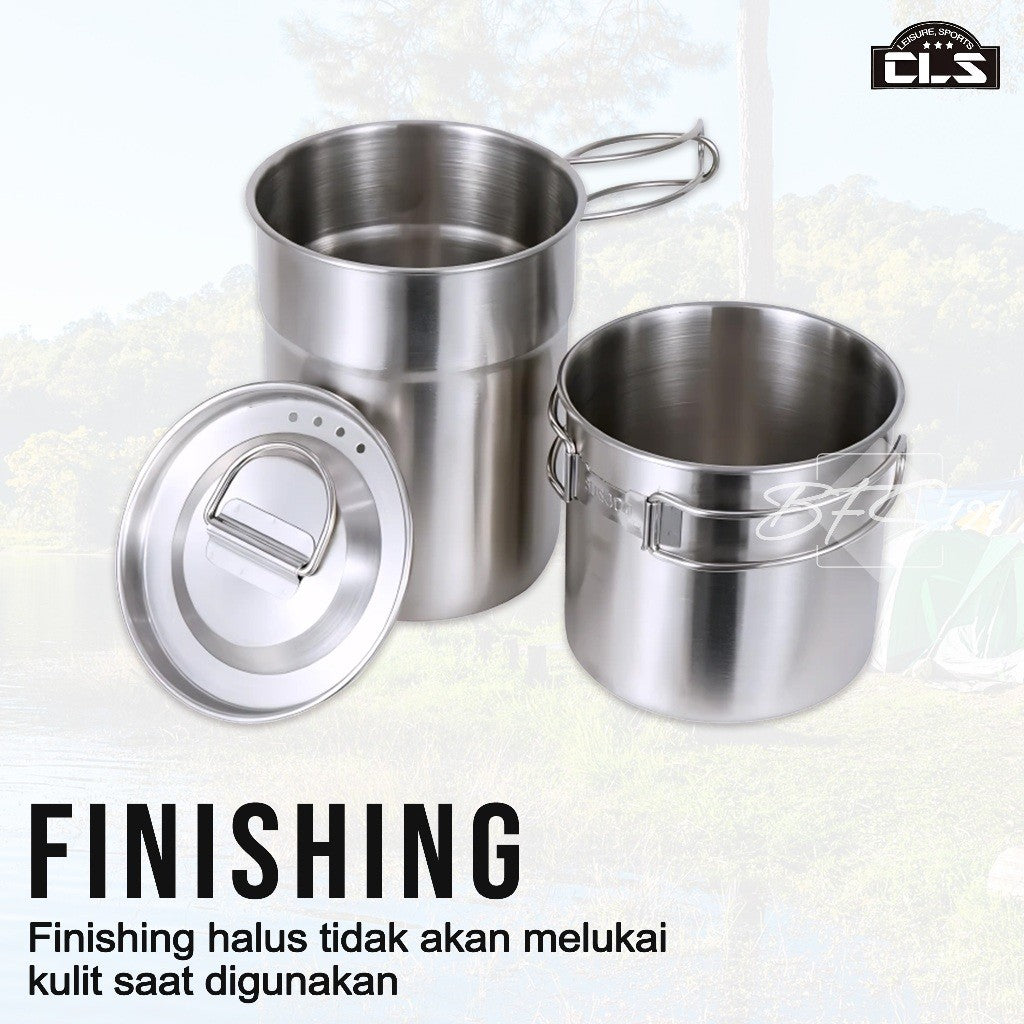 CLS 2 in 1 Nesting Mug Pot Set 1L 0,7L Handle Lipat Stainless Steel 304 Set Panci Mug Camping Hiking Outdoor