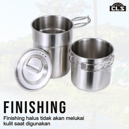 CLS 2 in 1 Nesting Mug Pot Set 1L 0,7L Handle Lipat Stainless Steel 304 Set Panci Mug Camping Hiking Outdoor