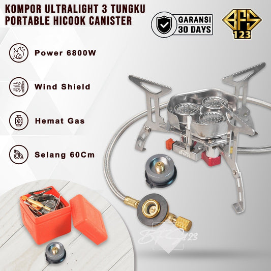 BFS123 Kompor Ultralight 3 Tungku 6800W Camping Stove Portable Hiking Model Gas Tabung Hicook Canister