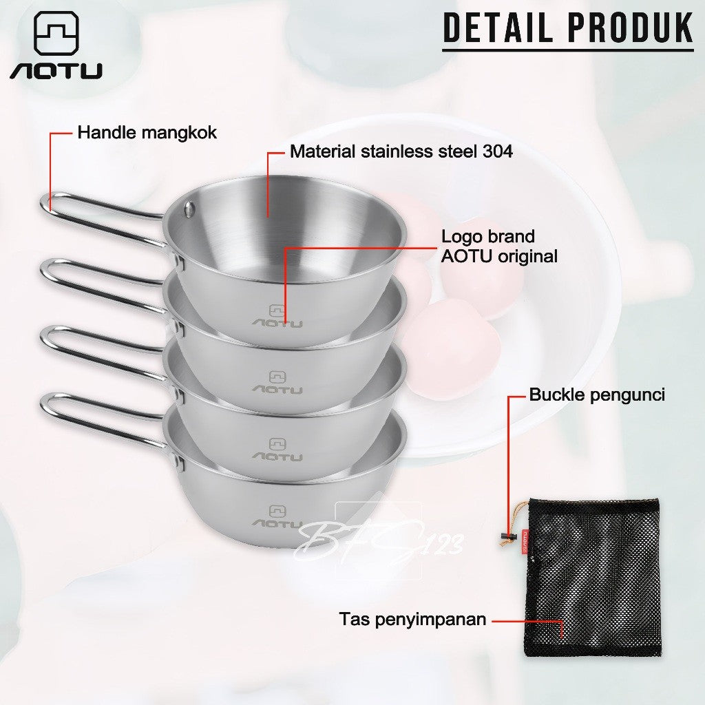 AOTU 4 Pcs Mangkok Set Camping Stainless 304 300 ml Plus Mesh Bag  Jaring Camping Outdoor