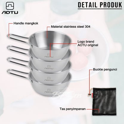 AOTU 4 Pcs Mangkok Set Camping Stainless 304 300 ml Plus Mesh Bag  Jaring Camping Outdoor