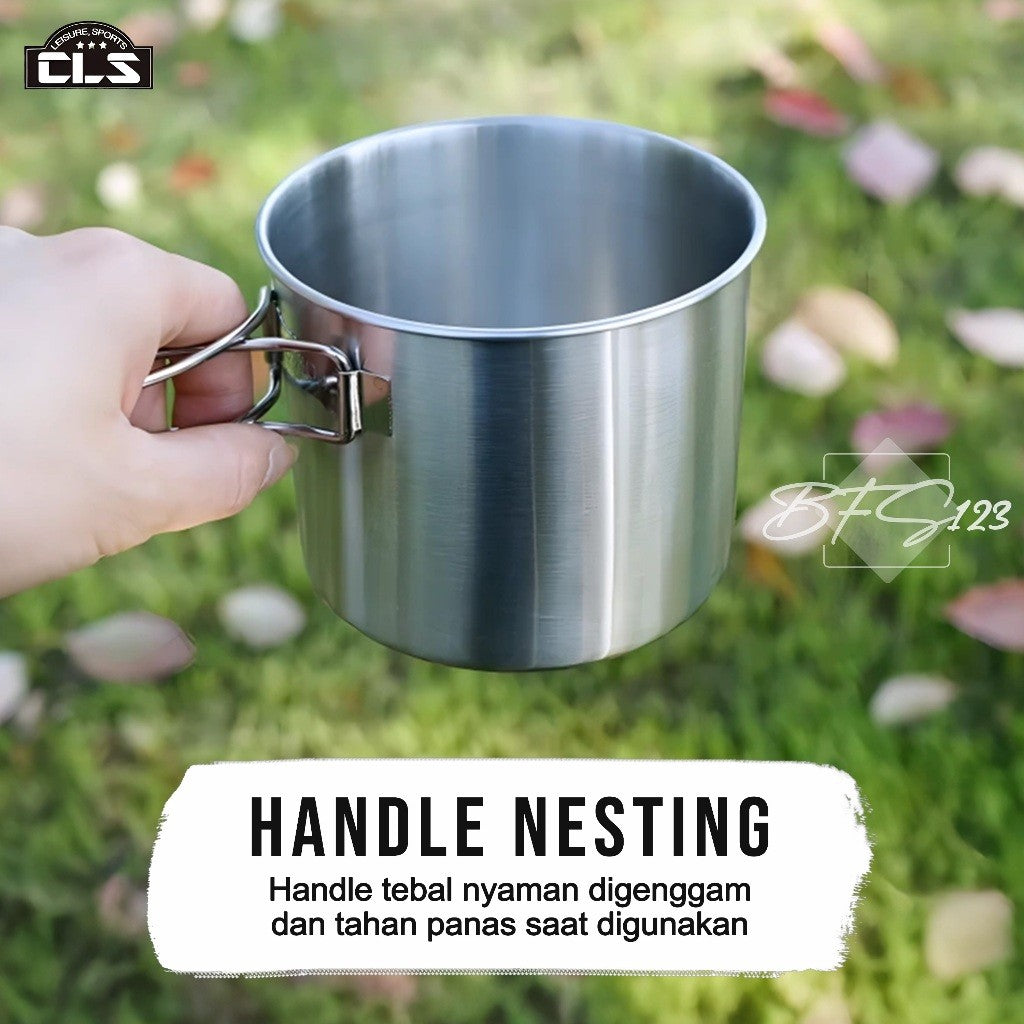 CLS 2 in 1 Nesting Mug Pot Set 1L 0,7L Handle Lipat Stainless Steel 304 Set Panci Mug Camping Hiking Outdoor