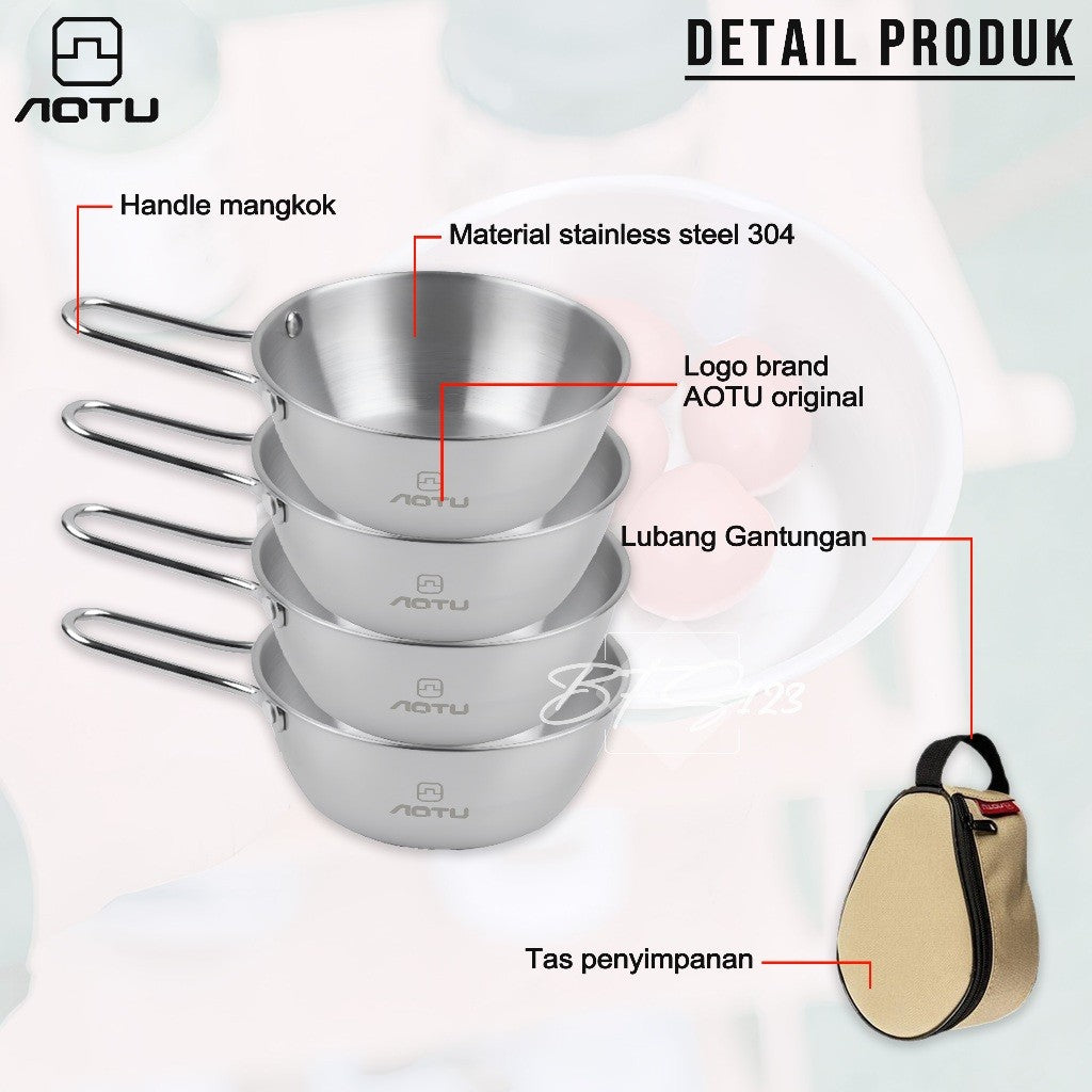 AOTU Paket Mangkok Camping Stainless 304 4 Pcs 300 ml Plus Storage BAG Camping Outdoor