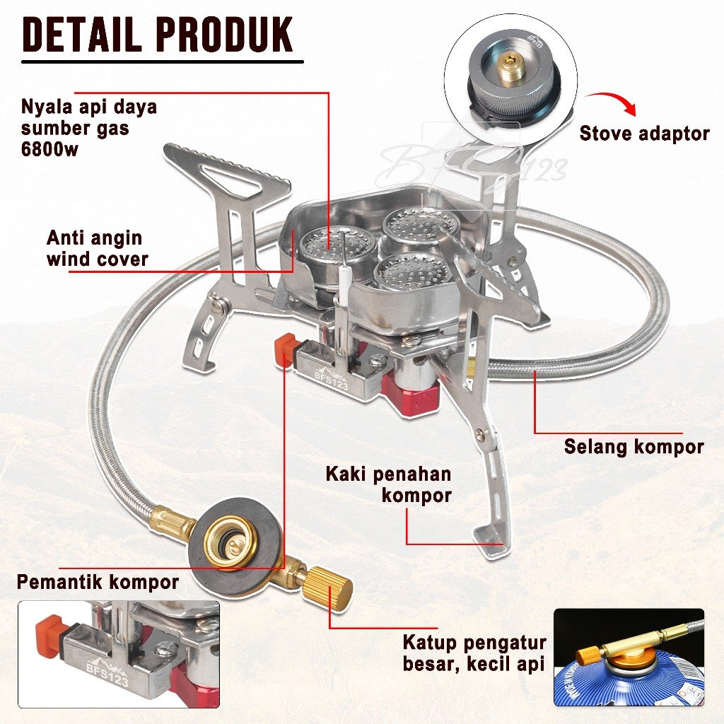 BFS123 Kompor Ultralight 3 Tungku 6800W Camping Stove Portable Hiking Model Gas Tabung Hicook Canister