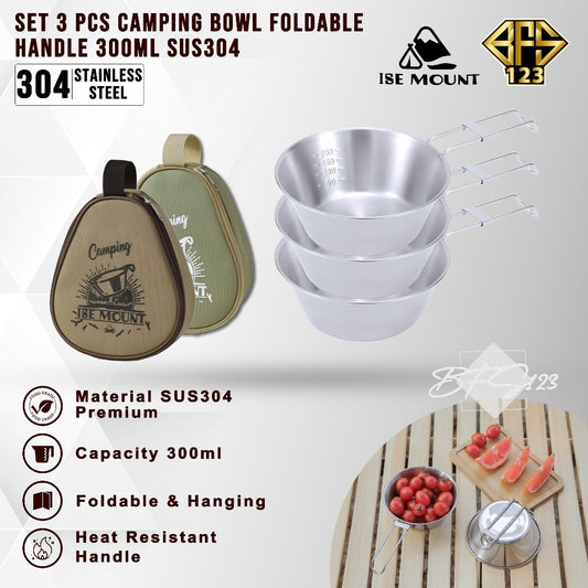 ISE Mount Mangkok Camping Stainless 304 Set 3 Pcs Gagang Lipat Storage BAG Kapasitas 300 ml Camping Outdoor