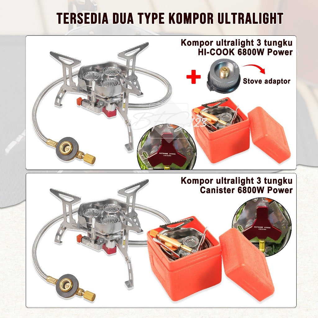 BFS123 Kompor Ultralight 3 Tungku 6800W Camping Stove Portable Hiking Model Gas Tabung Hicook Canister
