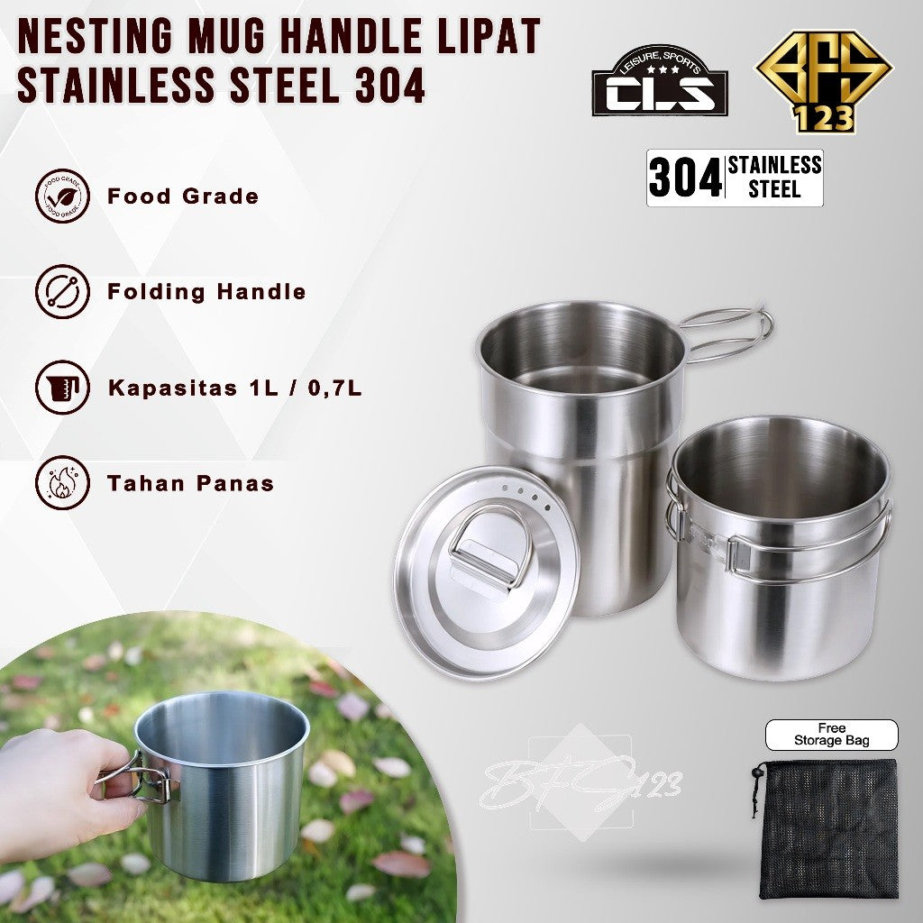 CLS 2 in 1 Nesting Mug Pot Set 1L 0,7L Handle Lipat Stainless Steel 304 Set Panci Mug Camping Hiking Outdoor