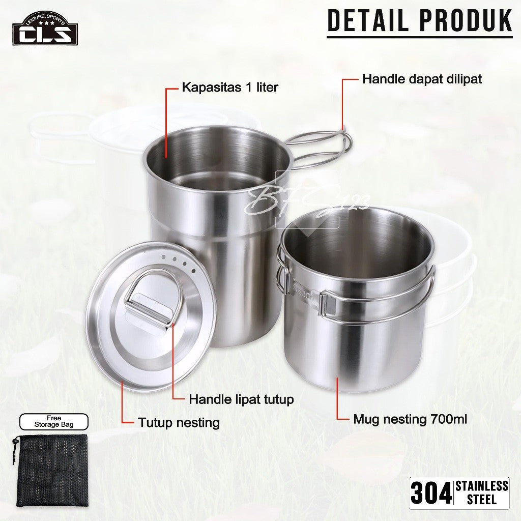 CLS 2 in 1 Nesting Mug Pot Set 1L 0,7L Handle Lipat Stainless Steel 304 Set Panci Mug Camping Hiking Outdoor