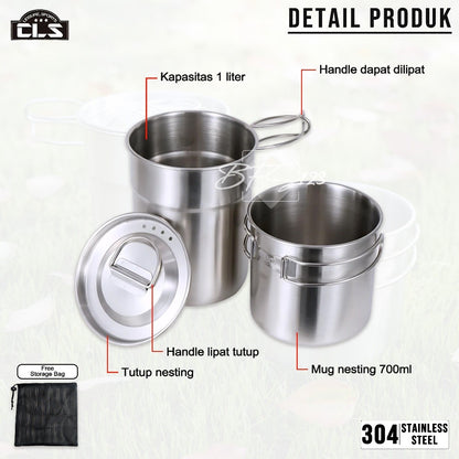 CLS 2 in 1 Nesting Mug Pot Set 1L 0,7L Handle Lipat Stainless Steel 304 Set Panci Mug Camping Hiking Outdoor