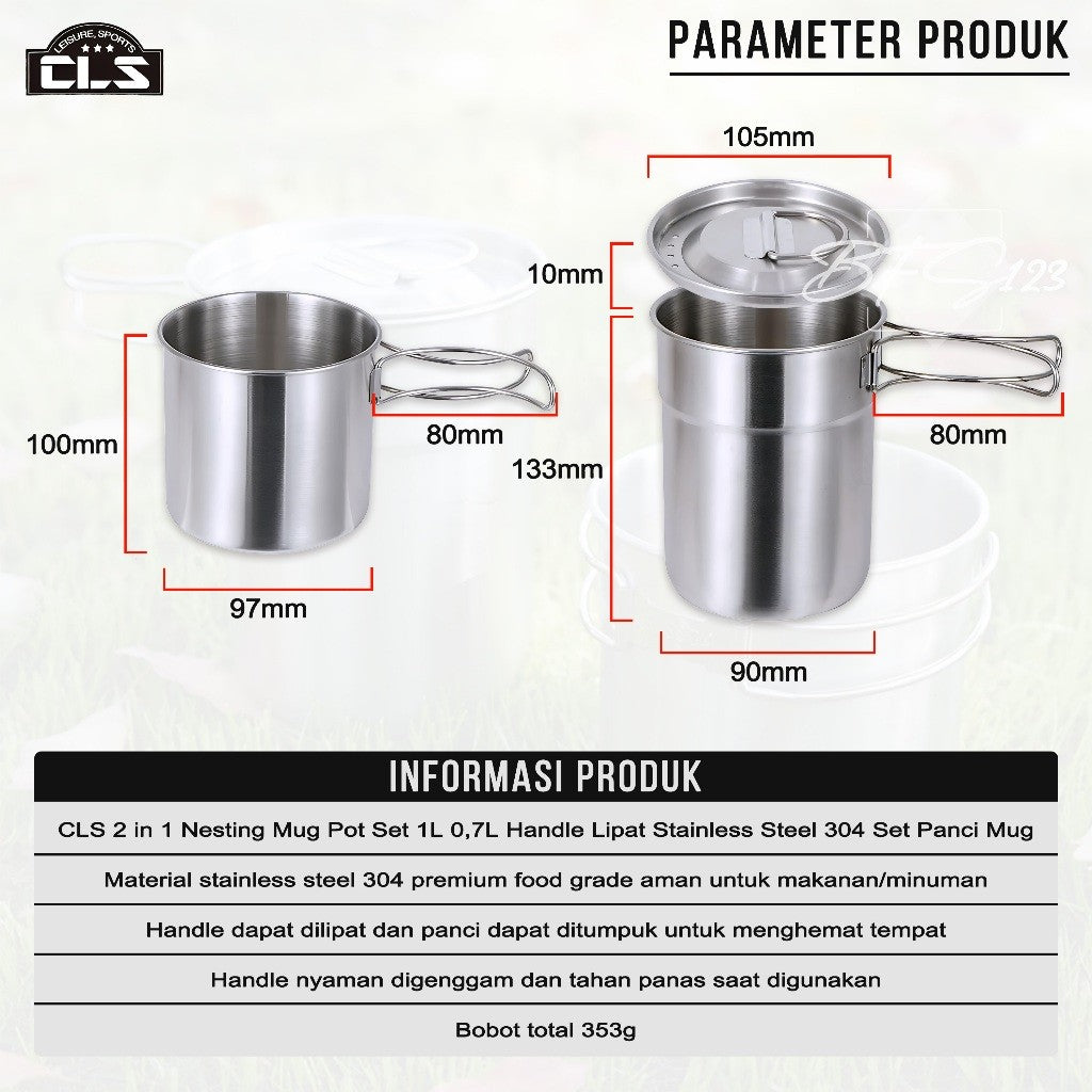 CLS 2 in 1 Nesting Mug Pot Set 1L 0,7L Handle Lipat Stainless Steel 304 Set Panci Mug Camping Hiking Outdoor