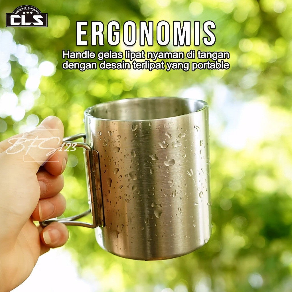 CLS Mug Gelas Camping 350 ml Outdoor Hanlde Lipat Mug Stainless Steel SUS304 Camping Outdoor