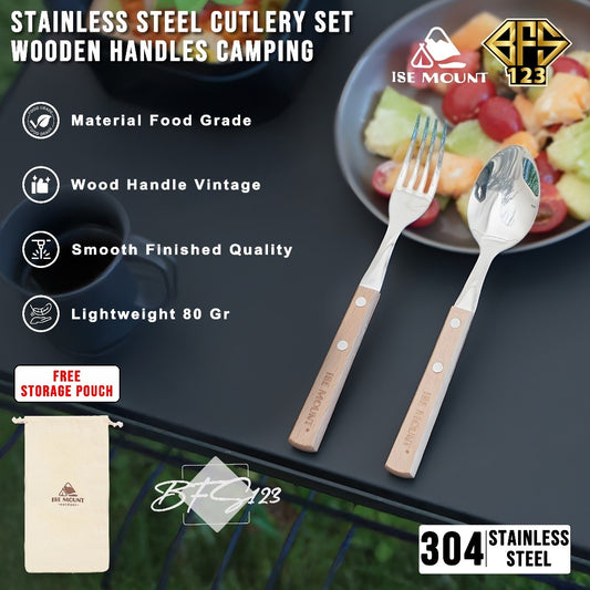 ISE Mount Set Sendok Garpu Makan Camping Outdoor Stainless Steel Handle Kayu Plus Storage Bag
