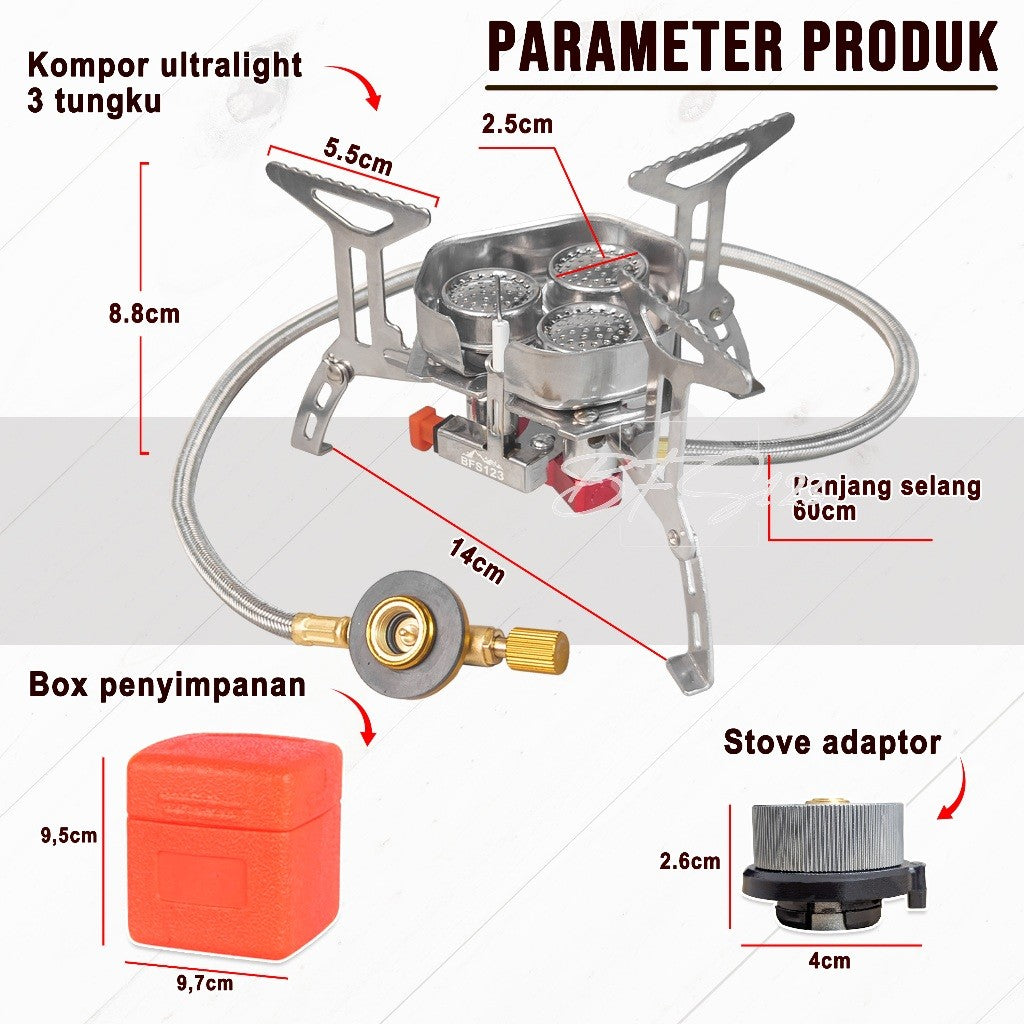 BFS123 Kompor Ultralight 3 Tungku 6800W Camping Stove Portable Hiking Model Gas Tabung Hicook Canister