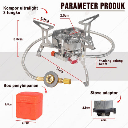 BFS123 Kompor Ultralight 3 Tungku 6800W Camping Stove Portable Hiking Model Gas Tabung Hicook Canister