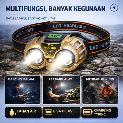 Lampu Senter Kepala Wushang 8619A Sensor Gerak 3 Mode 1200 mAh Headlamp Waterproof USB Type-C
