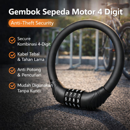 Gembok Sepeda Motor 4 Digit Password Lock 40 Cm Kawat Baja 10 mm Gembok Anti Maling