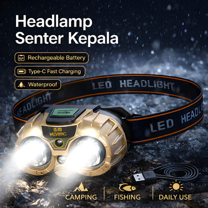 Lampu Senter Kepala Wushang 8619A Sensor Gerak 3 Mode 1200 mAh Headlamp Waterproof USB Type-C