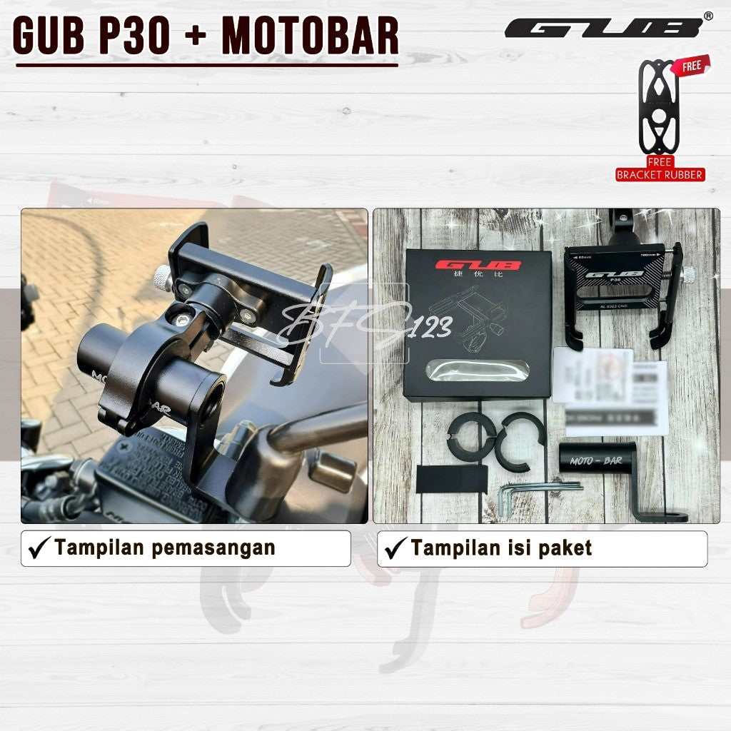 Paket GUB P30 / GUB P30 PRO Phone Holder + Bracket Spion MOTOBAR Original Alumunium Alloy Holder Hp Motor