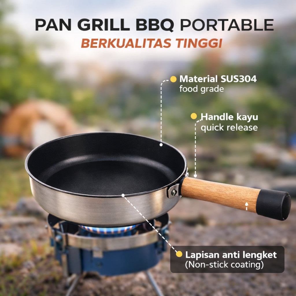 Pan Grill BBQ Portable 21 CM SUS304 Quick Release Handle Plus Storage Bag Anti Lengket