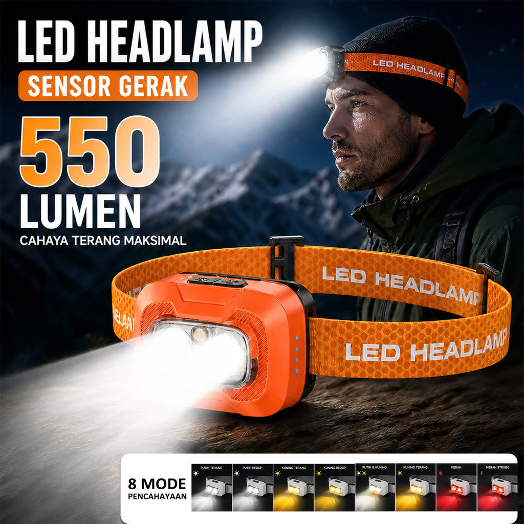 Headlamp LED A39 Sensor Gerak 550 Lumens USB-C Rechargeable 1500mAh IP55 Tahan Air Senter Kepala Outdoor