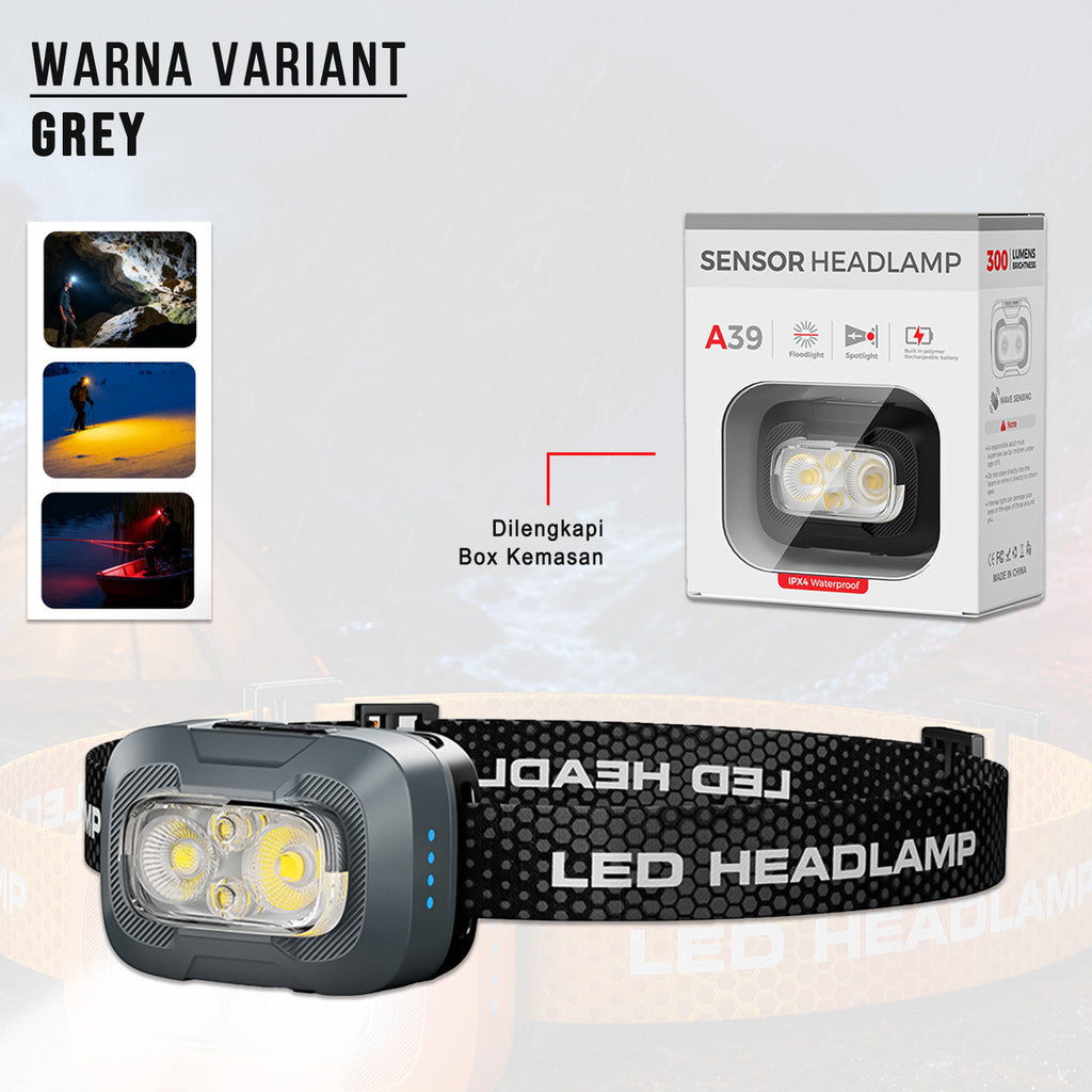 Headlamp LED A39 Sensor Gerak 550 Lumens USB-C Rechargeable 1500mAh IP55 Tahan Air Senter Kepala Outdoor