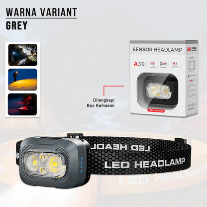 Headlamp LED A39 Sensor Gerak 550 Lumens USB-C Rechargeable 1500mAh IP55 Tahan Air Senter Kepala Outdoor