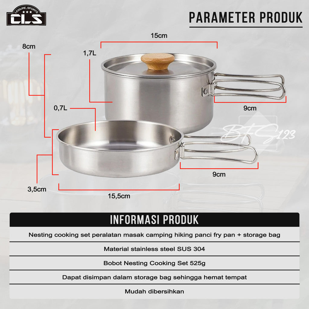 Nesting Cooking Set Peralatan Masak Camping Hiking Panci 1,7 L Fry Pan 0,7 L Plus Storage Mesh Bag Stainless