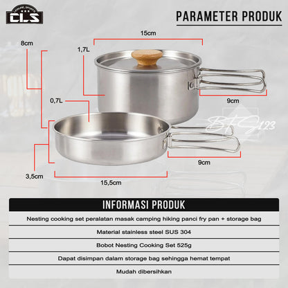 Nesting Cooking Set Peralatan Masak Camping Hiking Panci 1,7 L Fry Pan 0,7 L Plus Storage Mesh Bag Stainless