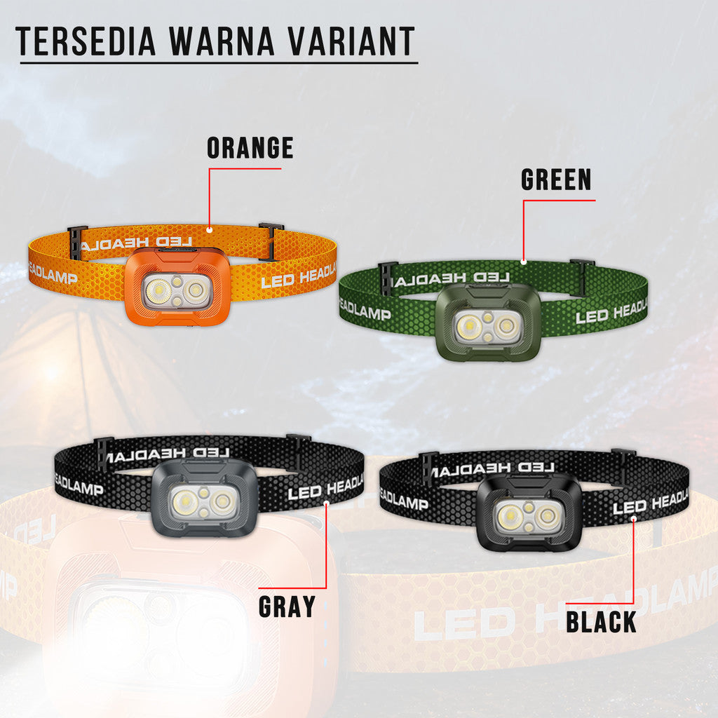 Headlamp LED A39 Sensor Gerak 550 Lumens USB-C Rechargeable 1500mAh IP55 Tahan Air Senter Kepala Outdoor