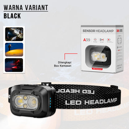 Headlamp LED A39 Sensor Gerak 550 Lumens USB-C Rechargeable 1500mAh IP55 Tahan Air Senter Kepala Outdoor
