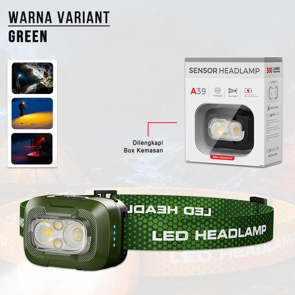 Headlamp LED A39 Sensor Gerak 550 Lumens USB-C Rechargeable 1500mAh IP55 Tahan Air Senter Kepala Outdoor