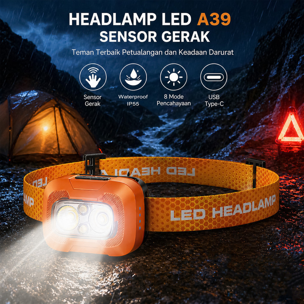 Headlamp LED A39 Sensor Gerak 550 Lumens USB-C Rechargeable 1500mAh IP55 Tahan Air Senter Kepala Outdoor