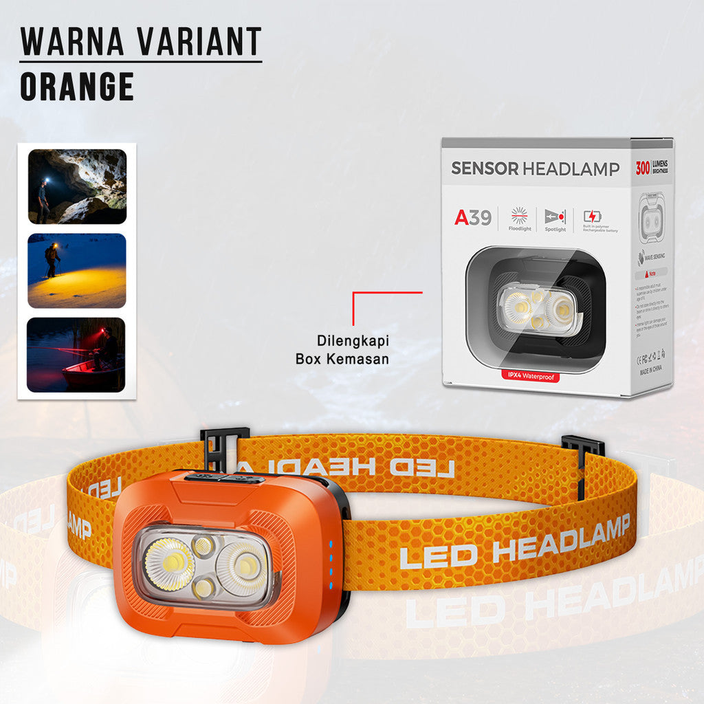 Headlamp LED A39 Sensor Gerak 550 Lumens USB-C Rechargeable 1500mAh IP55 Tahan Air Senter Kepala Outdoor