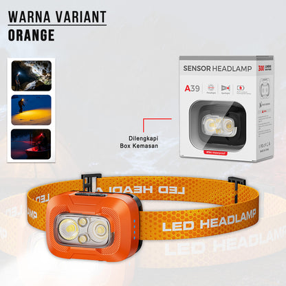 Headlamp LED A39 Sensor Gerak 550 Lumens USB-C Rechargeable 1500mAh IP55 Tahan Air Senter Kepala Outdoor