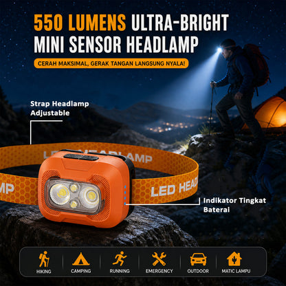 Headlamp LED A39 Sensor Gerak 550 Lumens USB-C Rechargeable 1500mAh IP55 Tahan Air Senter Kepala Outdoor