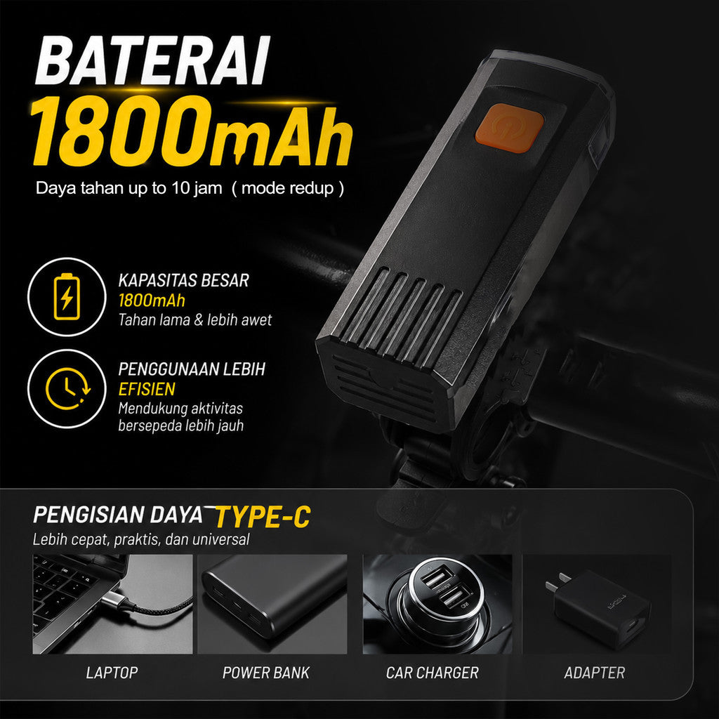 Lampu Sepeda Depan LED HY-2266 1800mAh Type-C Rechargeable Waterproof MTB Road Bike Seli Lipat