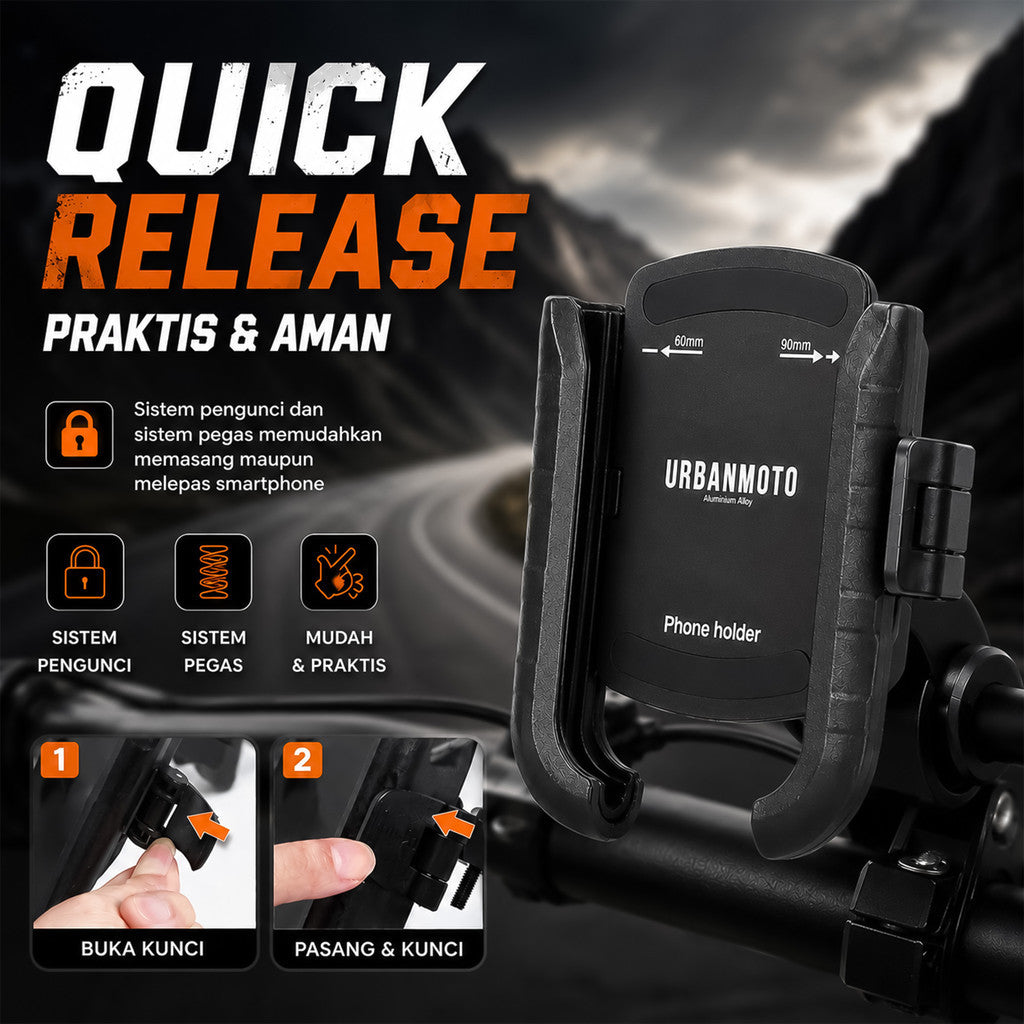 Phone Holder Motor Urbanmoto V5 RD888 Anti Getar Quick Release Rotate Ball Bracket Spion Stang