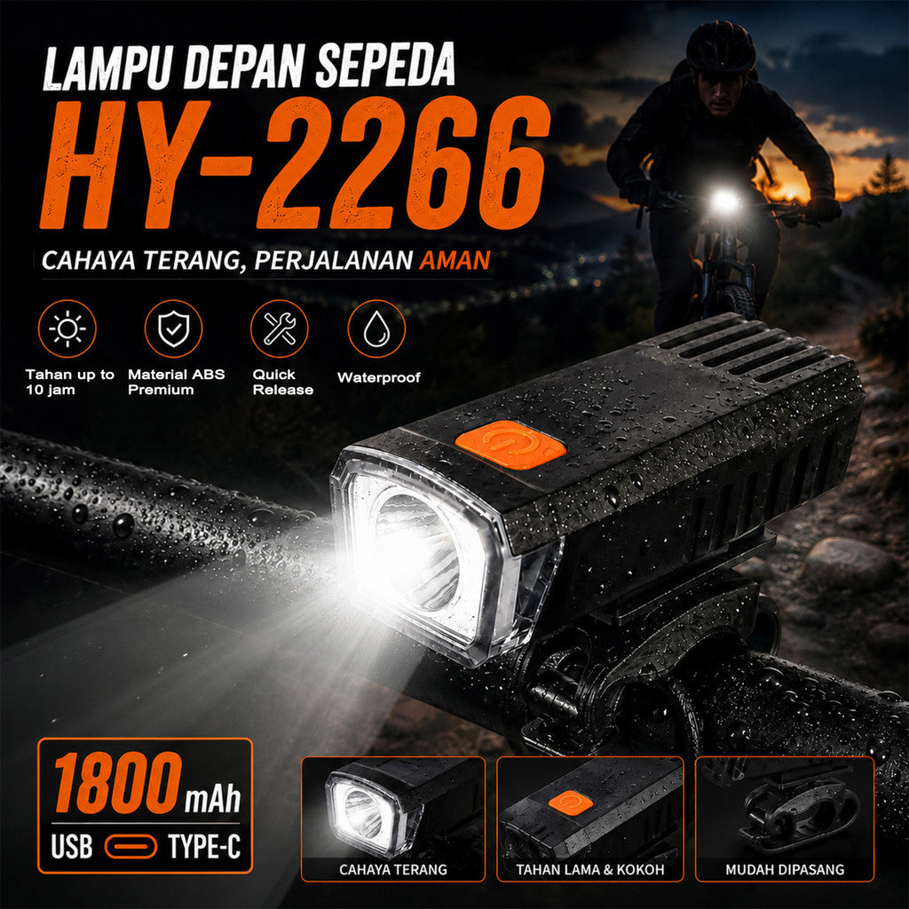 Lampu Sepeda Depan LED HY-2266 1800mAh Type-C Rechargeable Waterproof MTB Road Bike Seli Lipat